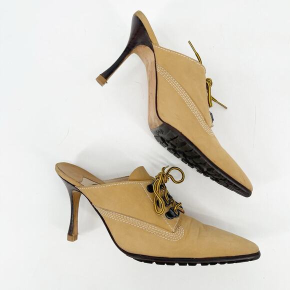 Manolo Blahnik Retro y2k Tan Oklamod Timberland Lace Up Pointed Toe Mule IT 36.5 - Picture 3 of 14